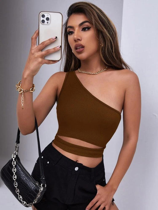 One Shoulder Cut Out Ribbed Crop Top