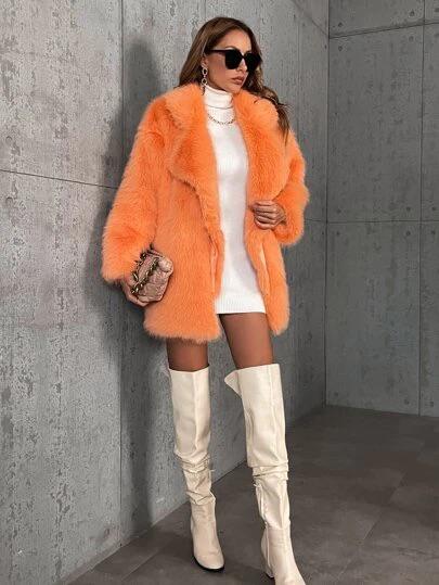 Lapel Neck Open Front Fuzzy Coat