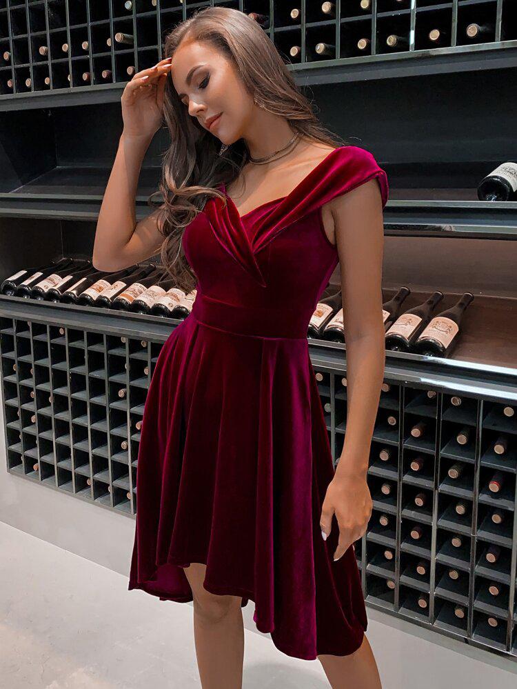 High Low Hem Velvet Fit & Flare Dress freeshipping - Kendiee