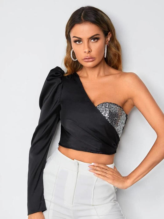 Sequins Detail Gigot Sleeve Satin Top