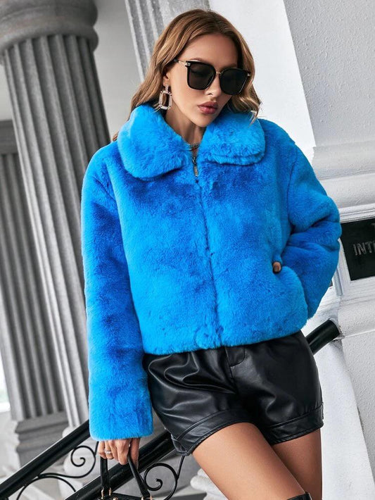 Solid Zip Up Fuzzy Coat