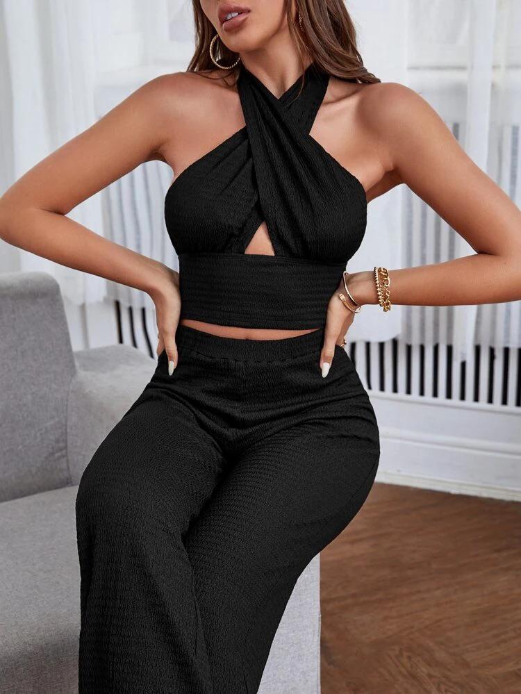 Cross Wrap Crop Halter Top & Wide Leg Pants