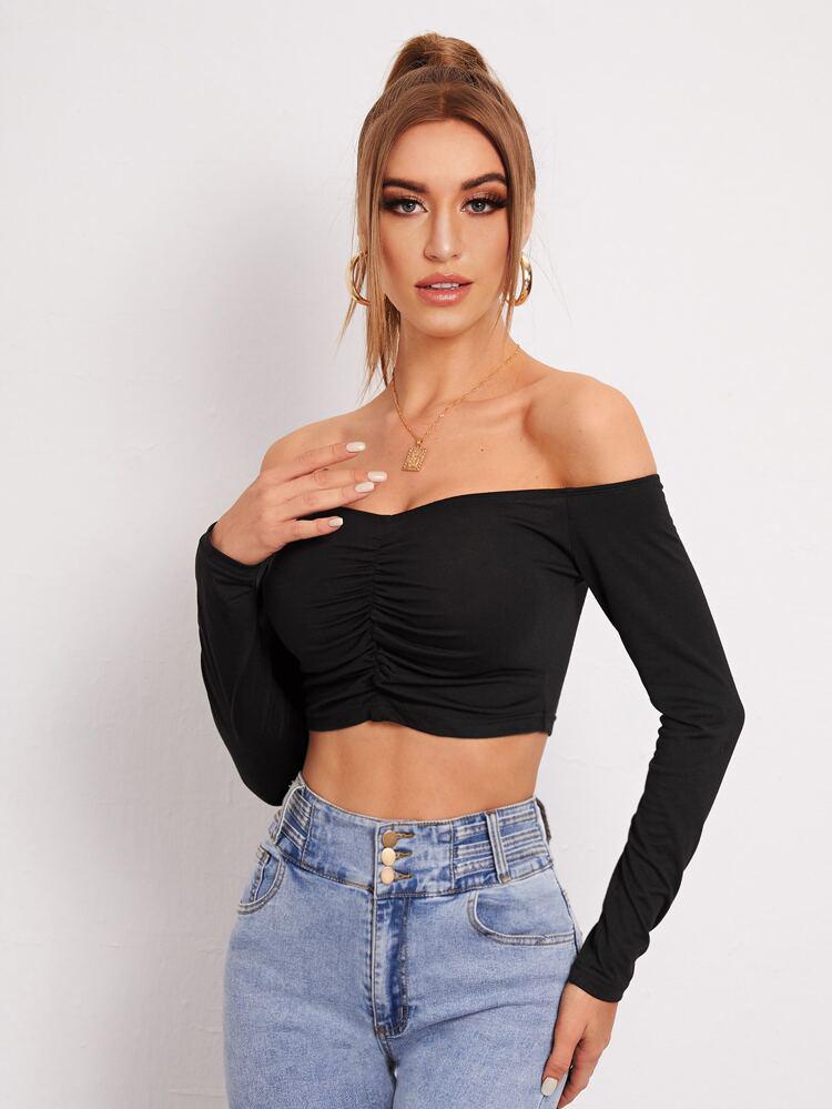 Off Shoulder Ruched Front Crop Top freeshipping - Kendiee