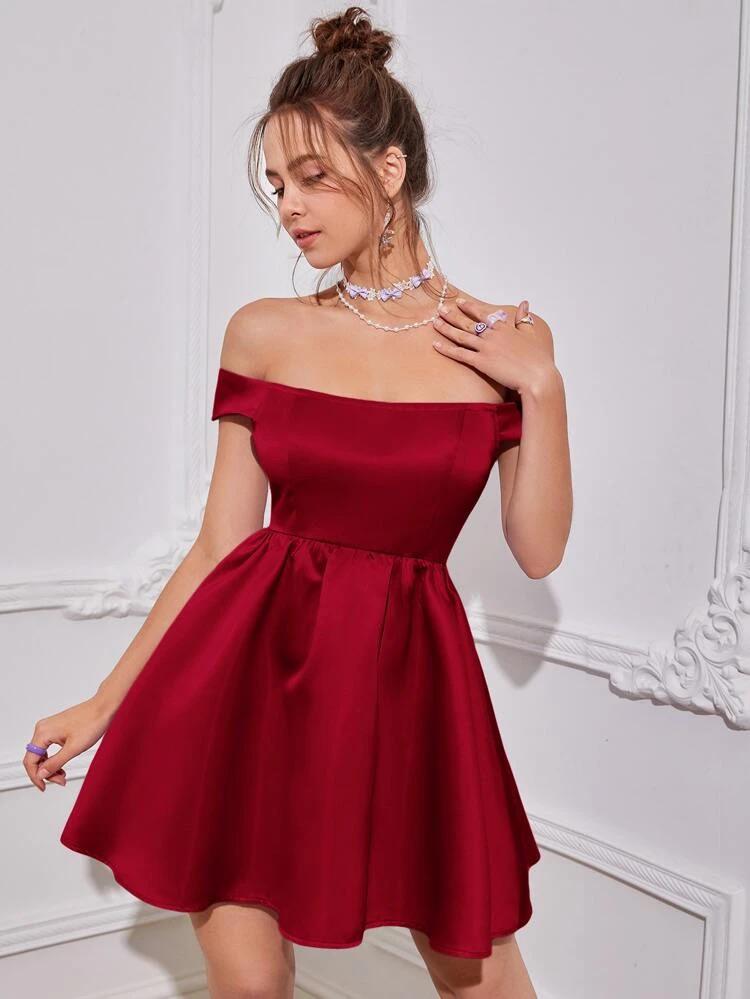 Off Shoulder Flared Hem Satin Dress