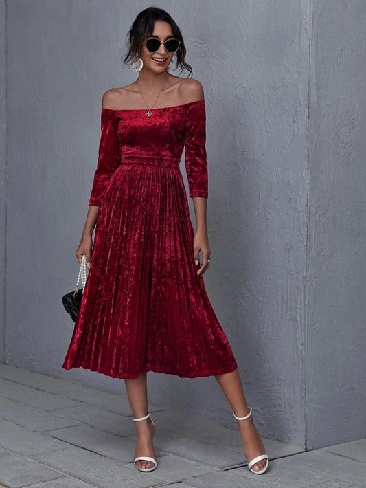 Off Shoulder Pleated Hem Velvet Dress freeshipping - Kendiee