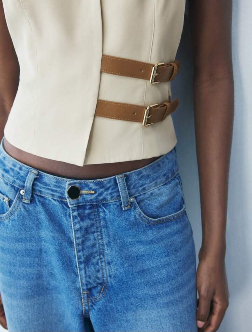 V-Neck Leather Accent Sleeveless Top