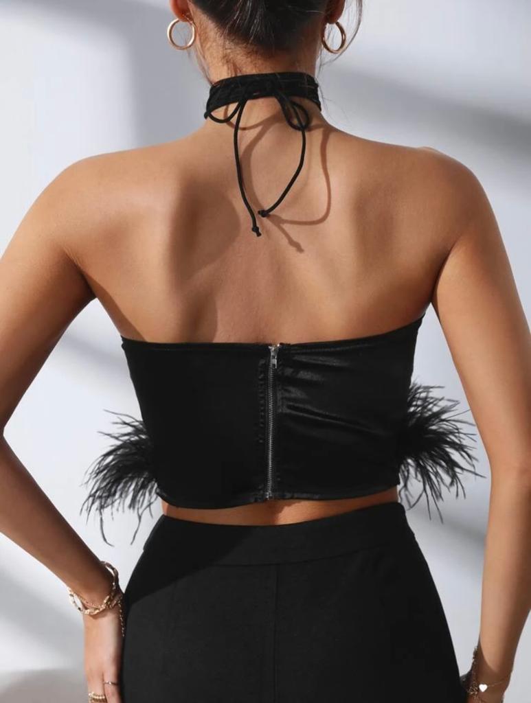 Halter Neck Fuzzy Trim Satin Crop Top