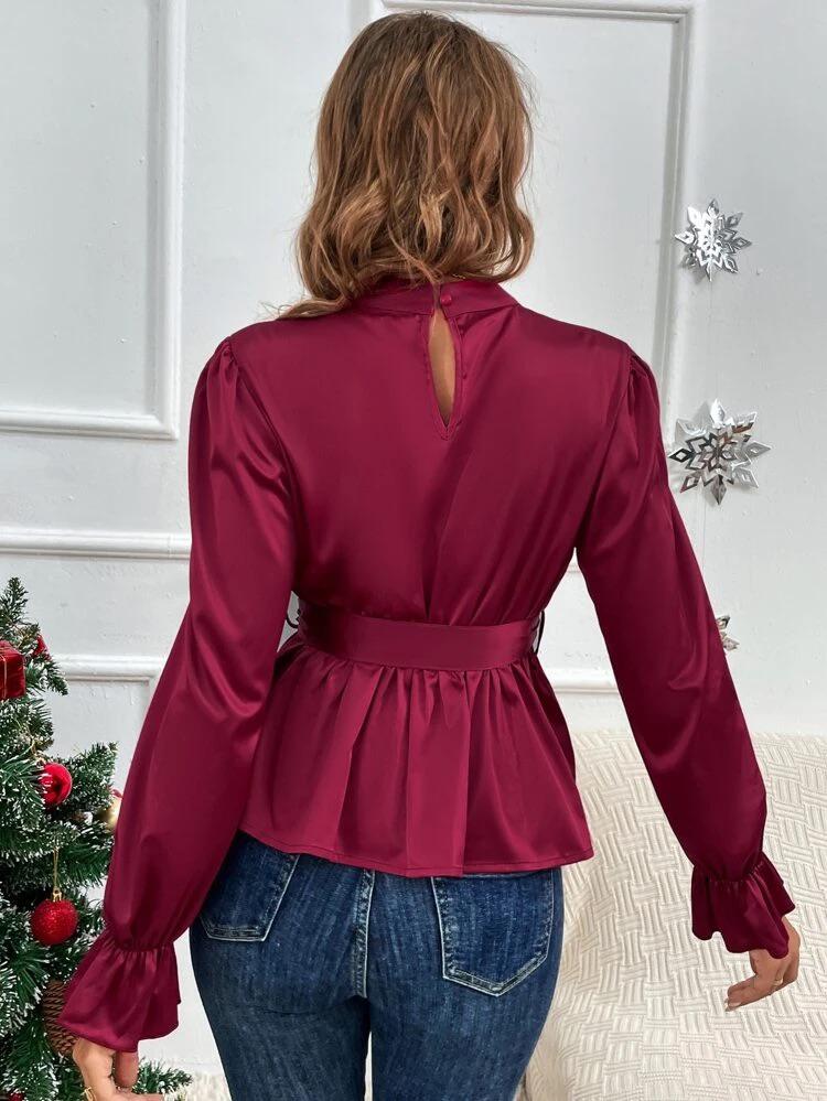 Flounce Sleeve Mock Neck Belted Satin Blouse