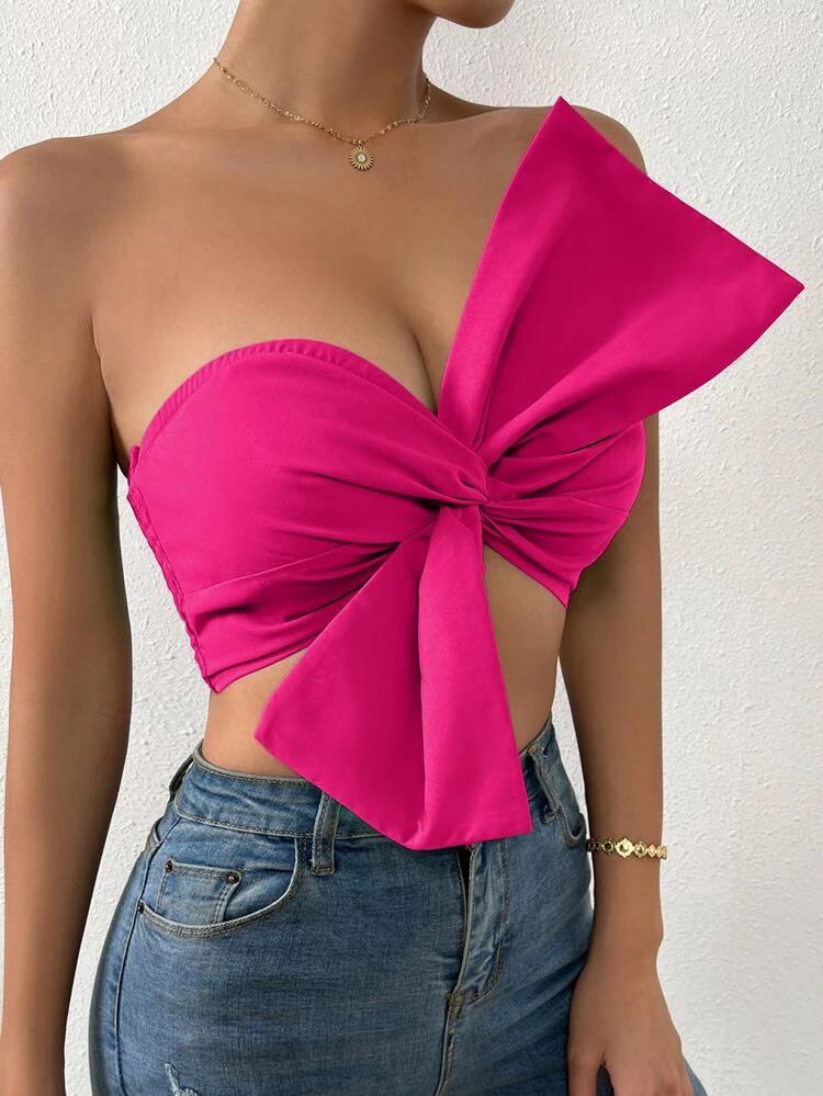 Shirred Back Ruched Bow Front Crop Tube Top