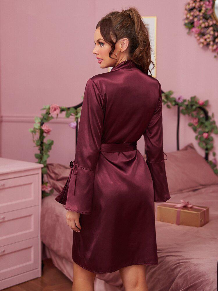 Satin Belted Split Cuff Night Robe freeshipping - Kendiee