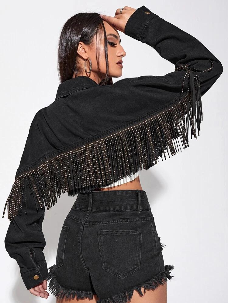 Solid Fringe Button Front Crop Denim Jacket freeshipping - Kendiee