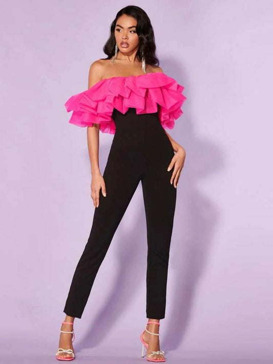 Off Shoulder Exaggerated Ruffle Trim Jumpsuit