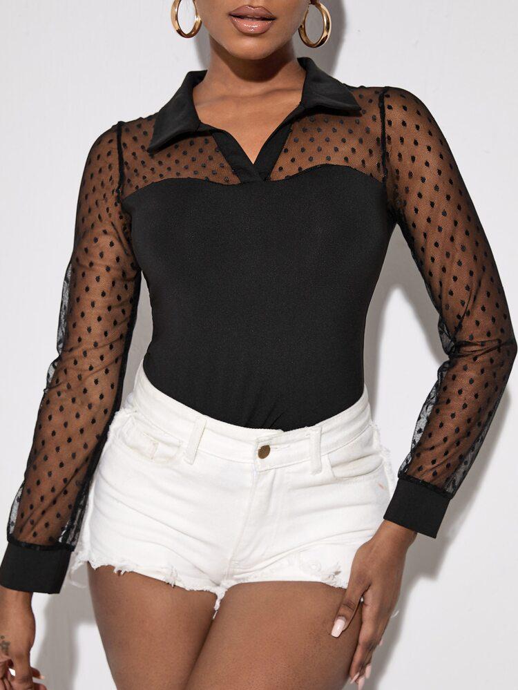 Collared Dobby Mesh Panel Top freeshipping - Kendiee