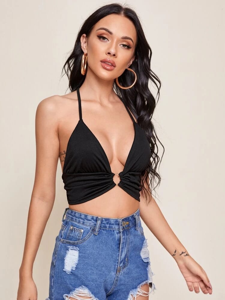 Plunging O-Ring Cropped Halter Top freeshipping - Kendiee