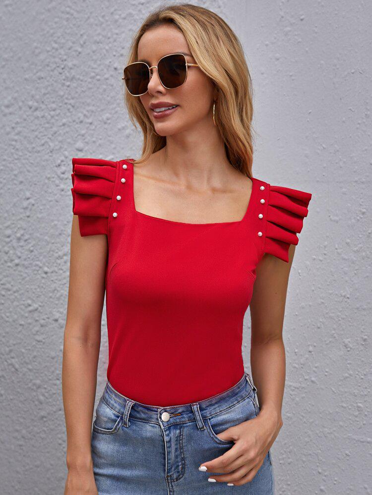 Ruffle Armhole Pearl Beaded Top freeshipping - Kendiee