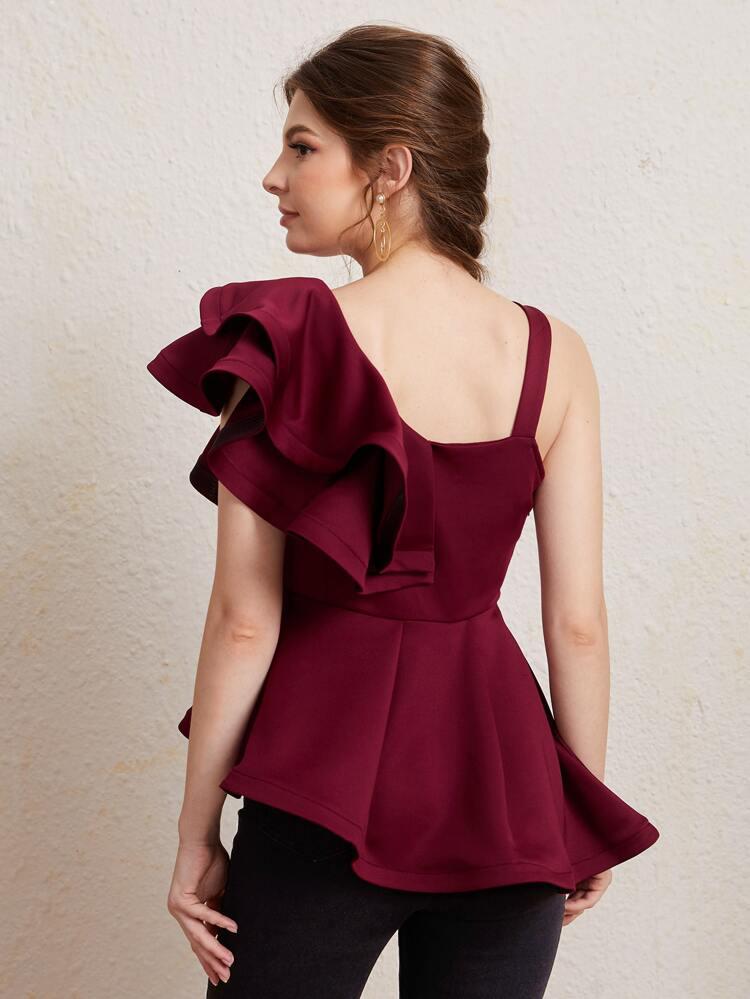 Asymmetrical Neck Ruffle Trim Peplum Top freeshipping - Kendiee