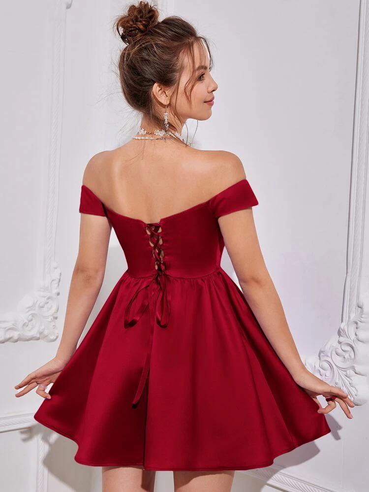 Off Shoulder Flared Hem Satin Dress