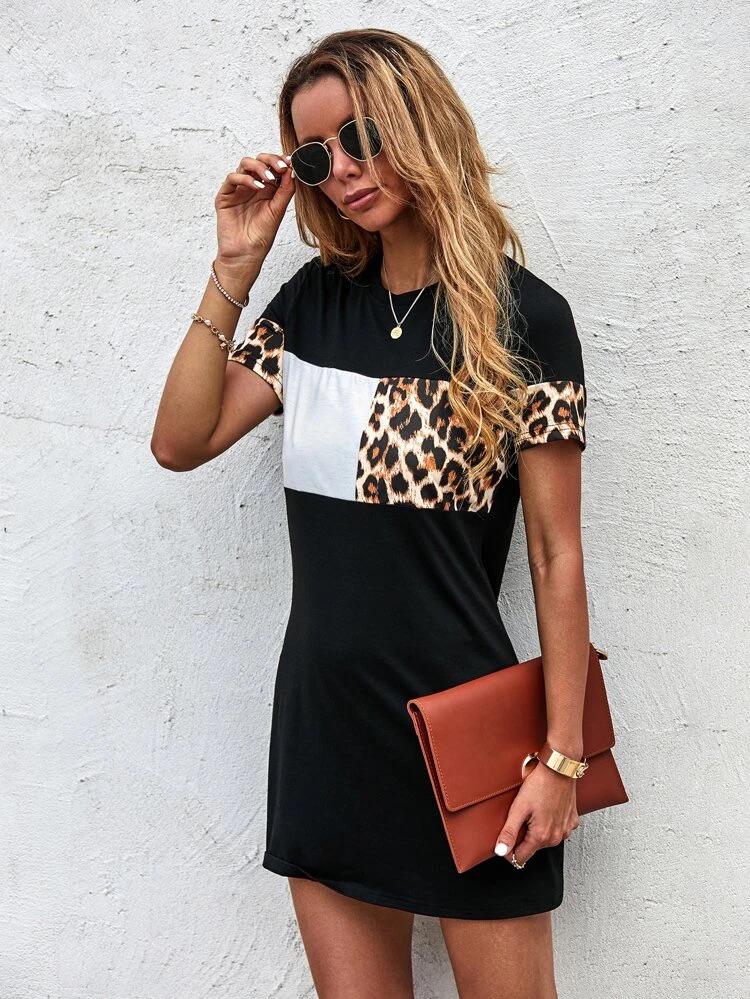 Color-Block Leopard Panel Tee Dress