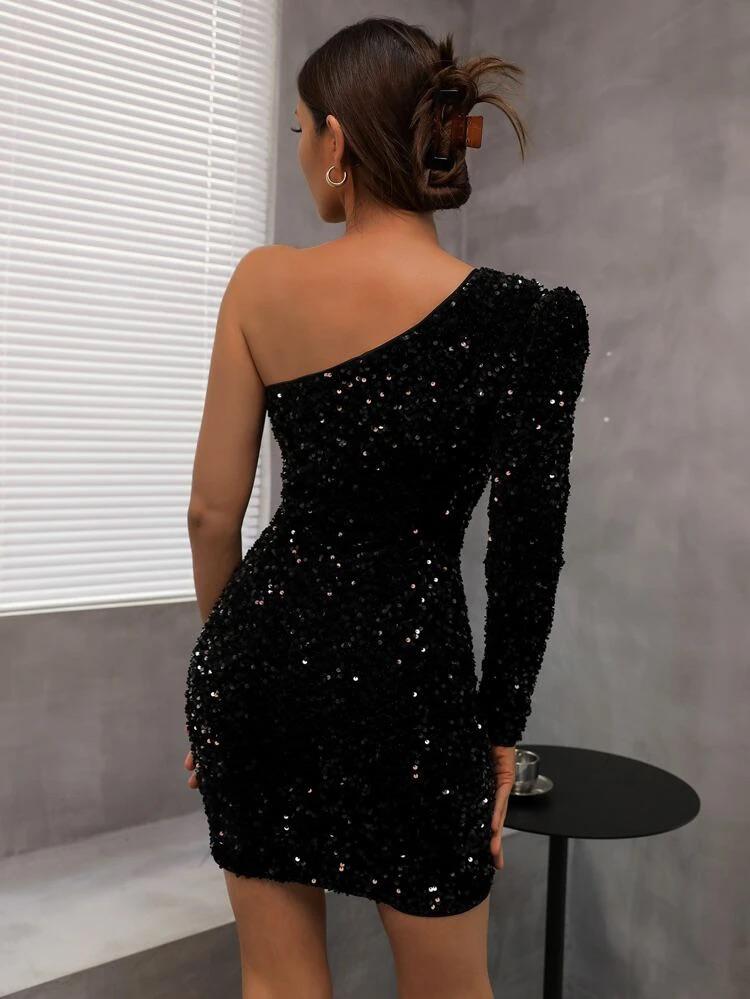 One Shoulder Sequin Wrap Bodycon Dress