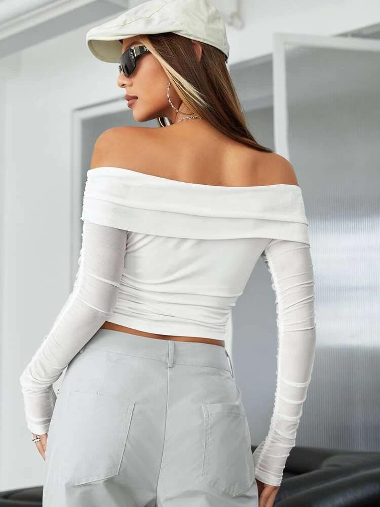 Off Shoulder Ruched Mesh Crop Top