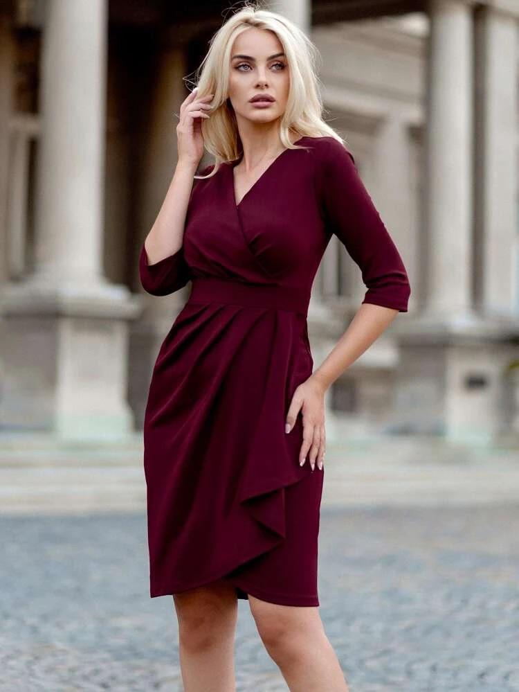 Surplice Neck Ruched Wrap Dress