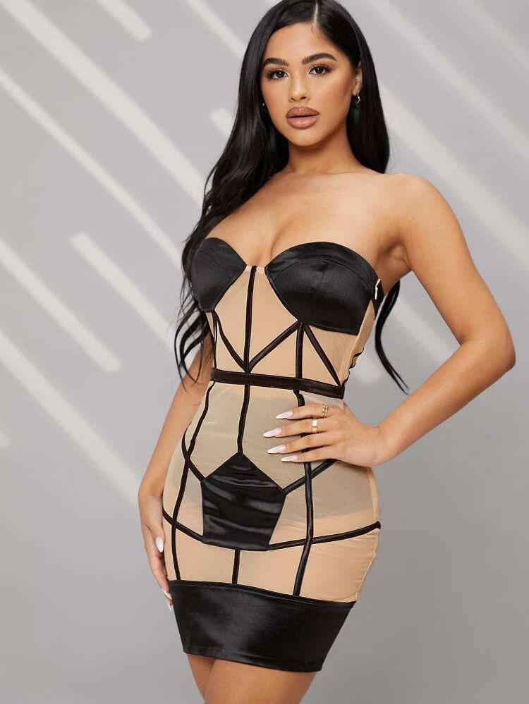 Seam Front Two Tone Sheer Mesh Dress