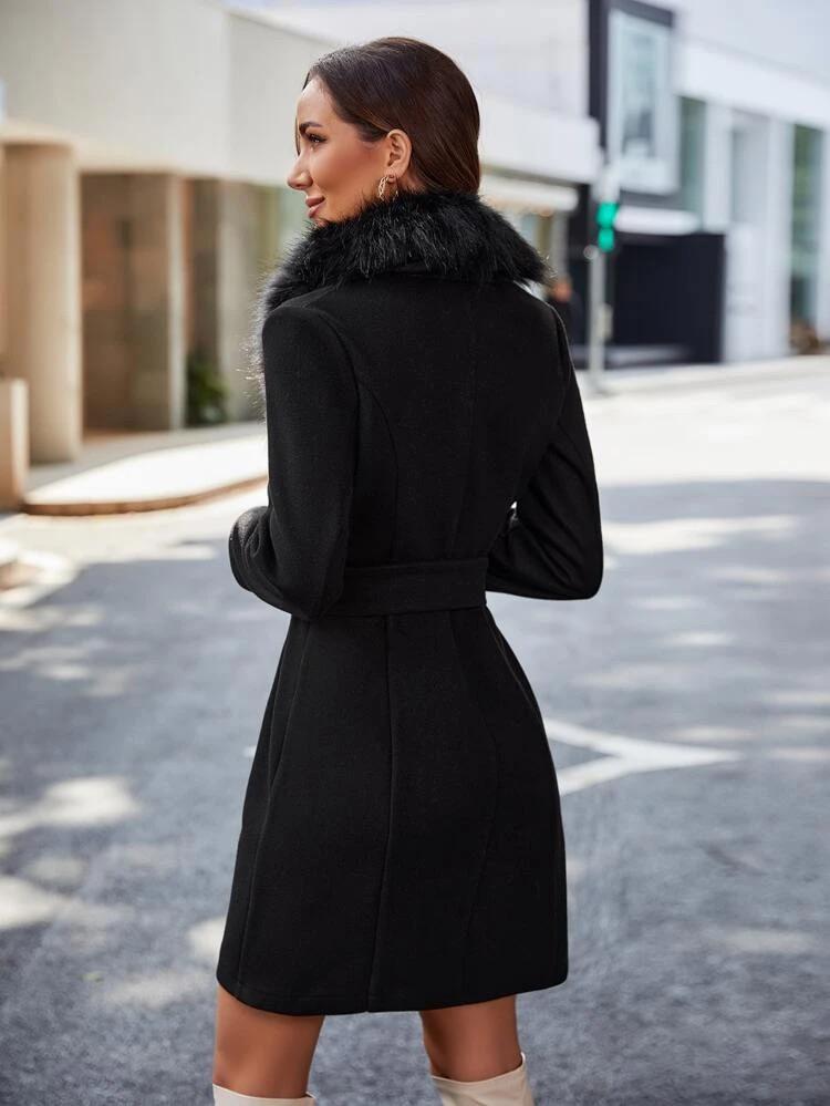 Contrast Fuzzy Collar Belted Overcoat