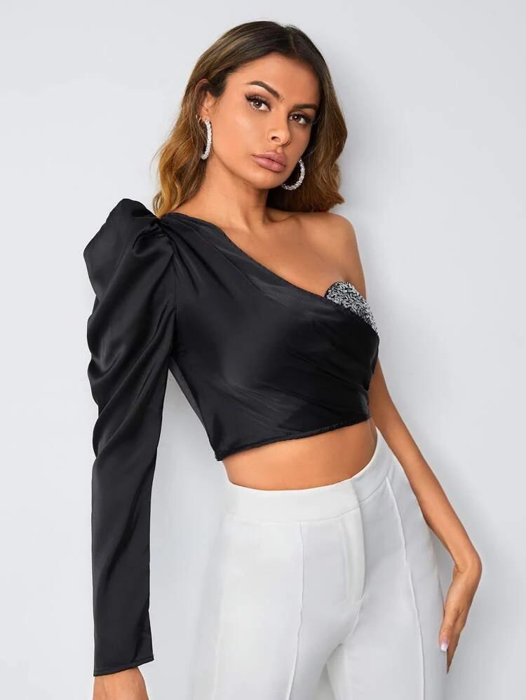 Sequins Detail Gigot Sleeve Satin Top