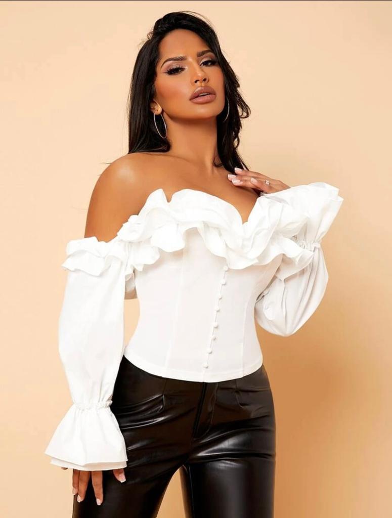 Off Shoulder Ruffle Pearl Beaded Flounce Sleeve Blouse