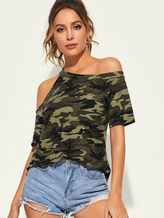 Camo Print Open-Shoulder Short Sleeve Top