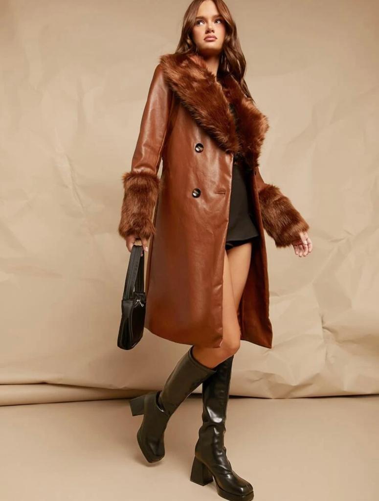 Fuzzy Collar & Cuff PU Leather Pea Coat