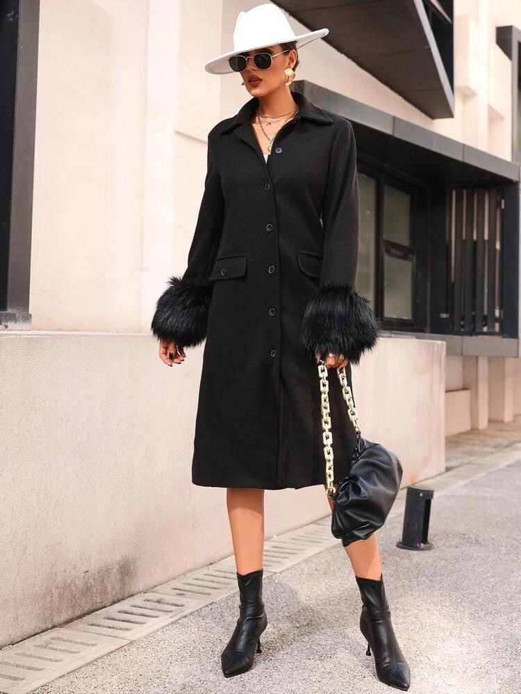 Fuzzy Cuff Split Back Belted Overcoat