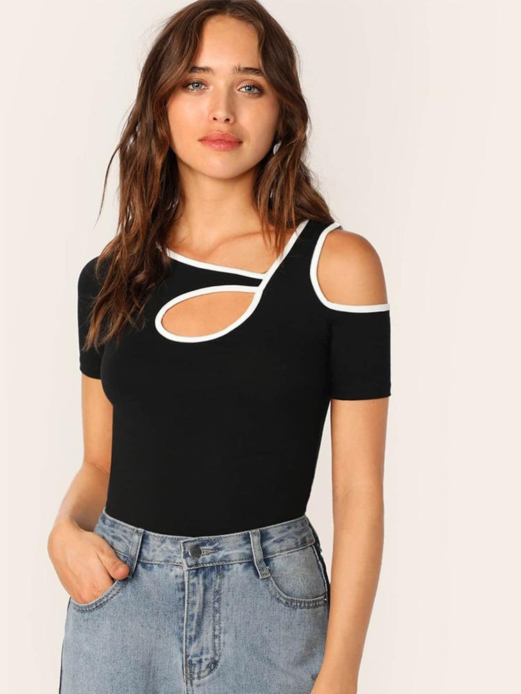 Contrast Binding Cutout Tee freeshipping - Kendiee