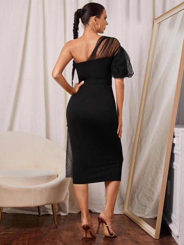 One Shoulder Contrast Dobby Mesh Asymmetrical Drape Dress Without Belt