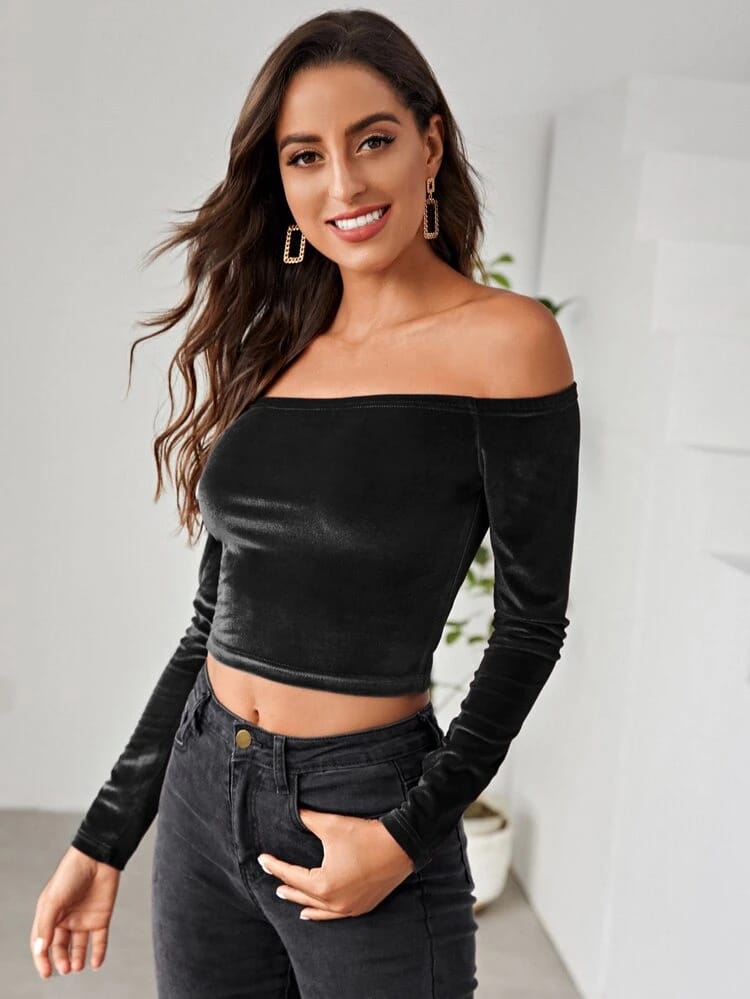 Off The Shoulder Crop Velvet Tee freeshipping - Kendiee