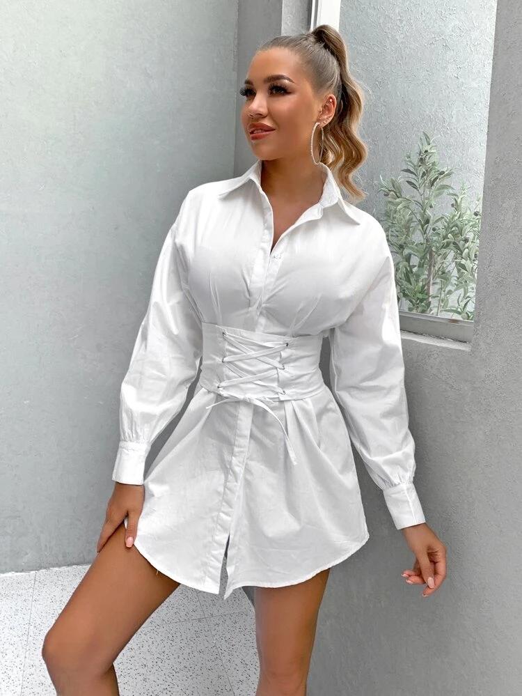 Lace Up Front Drop Shoulder Shirt Dress freeshipping - Kendiee