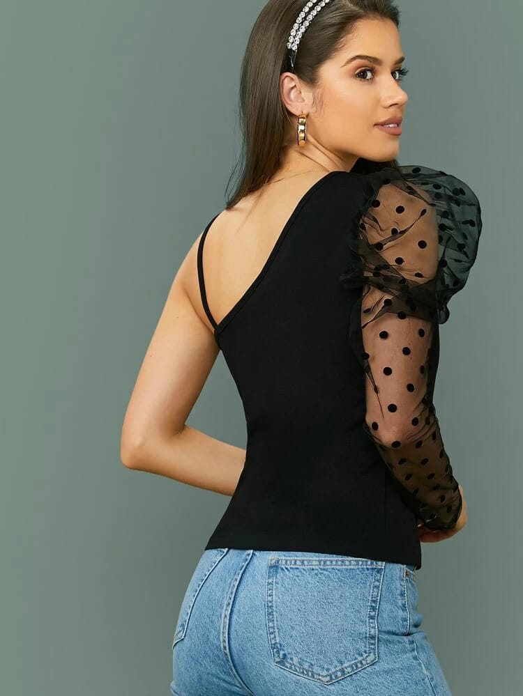 Asymmetrical Neck Mesh Dot Sleeve Top freeshipping - Kendiee