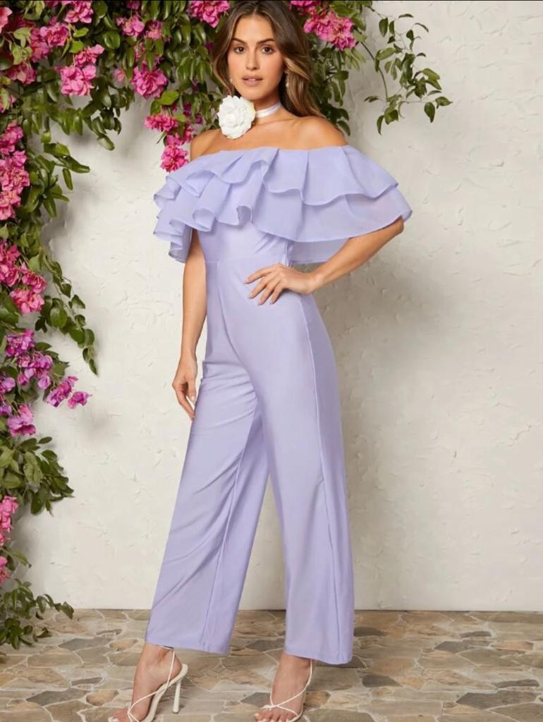 Off Shoulder Ruffle Trim Wide Leg Jumpsuit