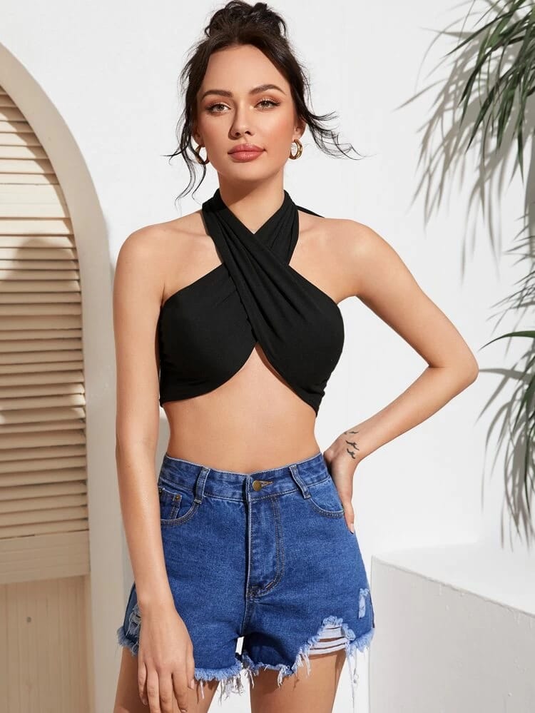 Versatile Self- Tie Cropped Halter Top freeshipping - Kendiee