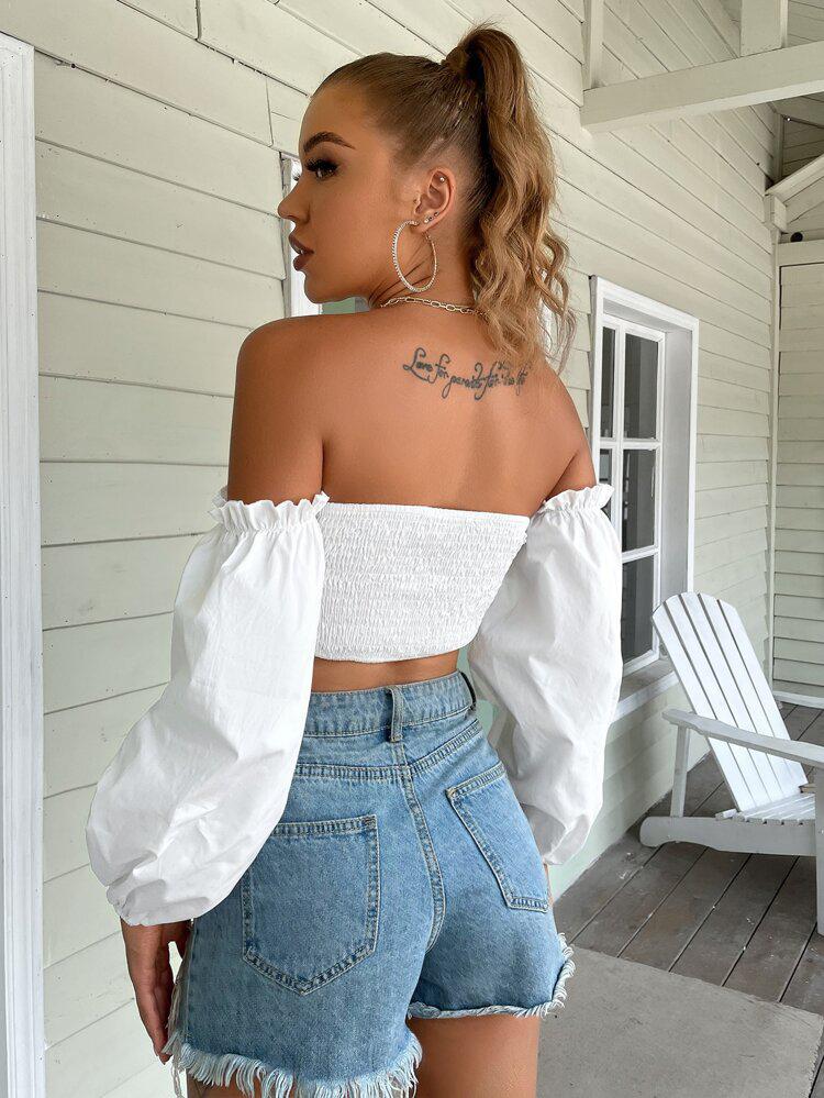 Off Shoulder Frill Trim Lantern Sleeve Crop Top freeshipping - Kendiee