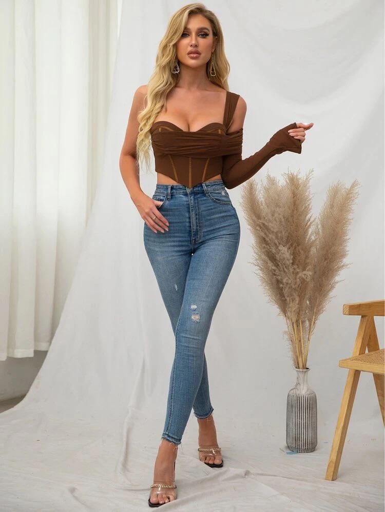 One Shoulder Hanky Hem Mesh Corset Top