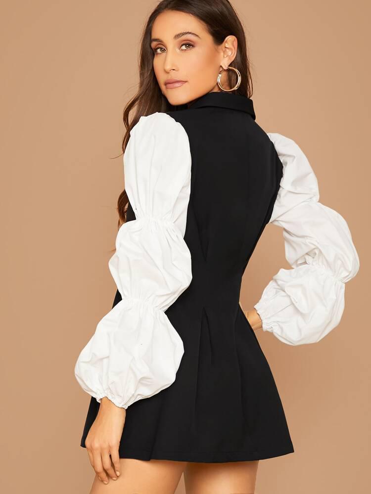 Contrast Lantern Sleeve Double Breasted Blazer Dress freeshipping - Kendiee