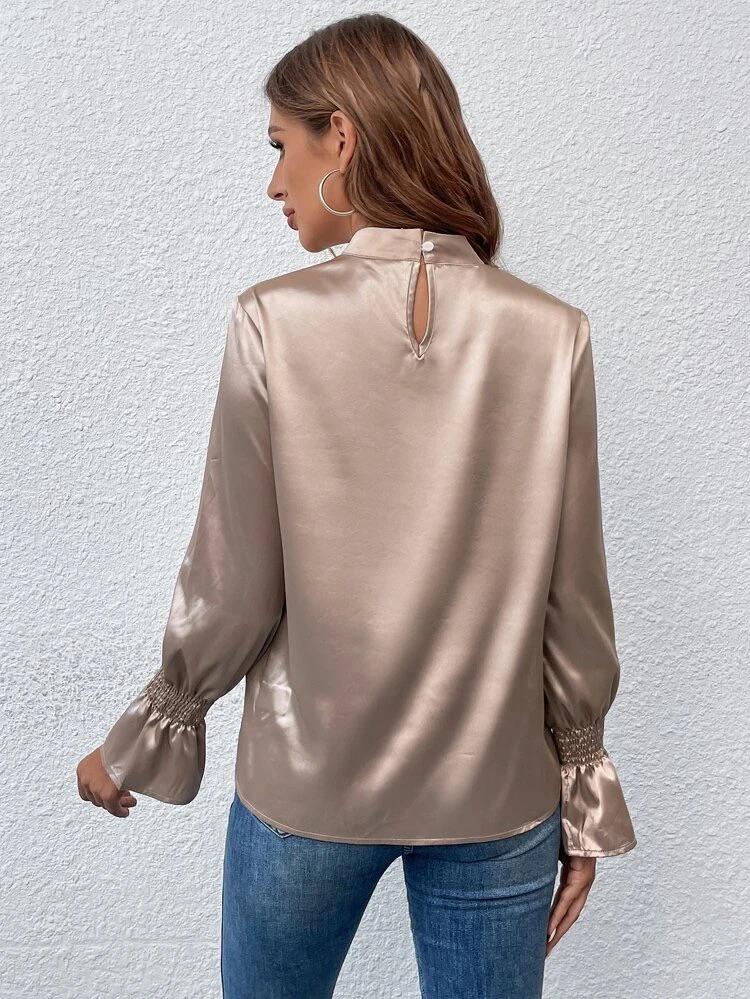 Mock Neck Flounce Sleeve Satin Blouse