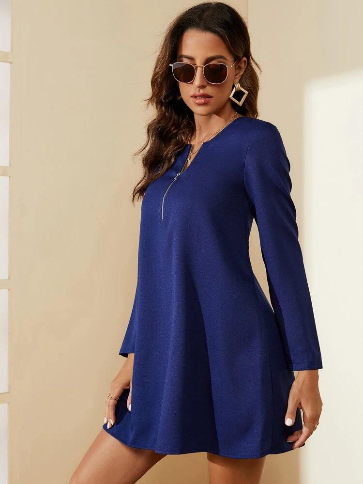 Solid Quarter Zip Dress freeshipping - Kendiee