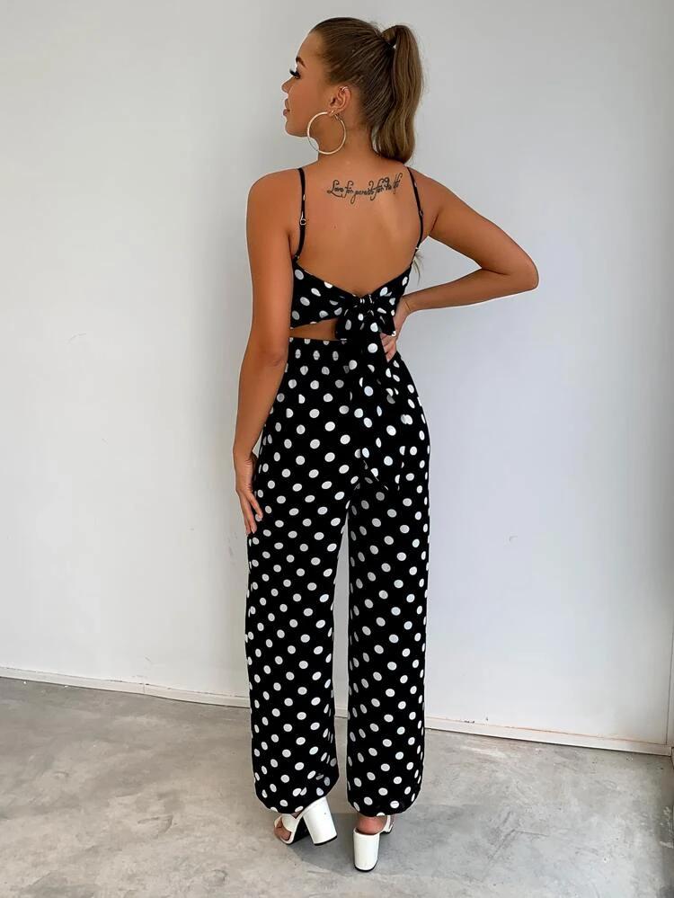 Polka Dot Print Tie Back Cami Jumpsuit freeshipping - Kendiee