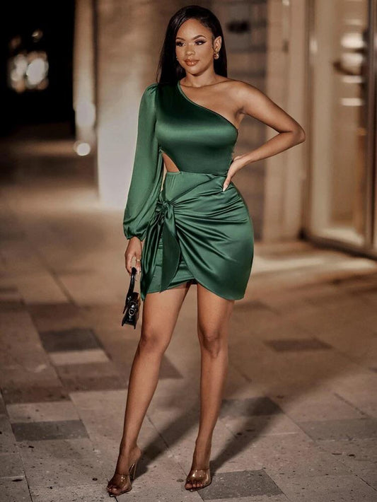 One Shoulder Cut Out Knot Front Satin Bodycon Dress