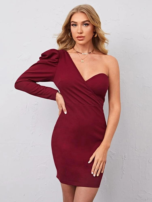 One Shoulder Puff Sleeve Dress freeshipping - Kendiee