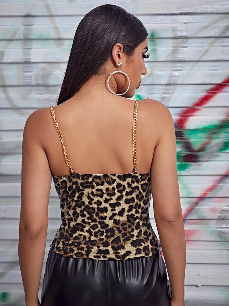 Cowl Neck Chain Strap Leopard Cami top