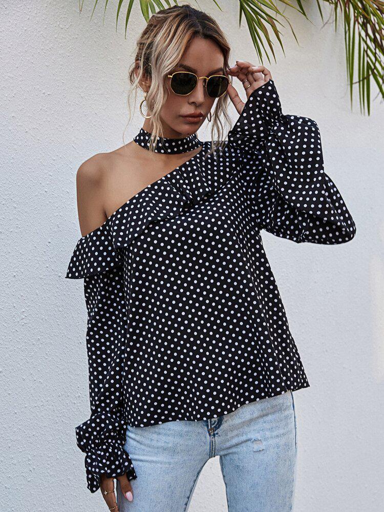 Polka Dot Asymmetrical Neck Ruffle Trim Blouse freeshipping - Kendiee