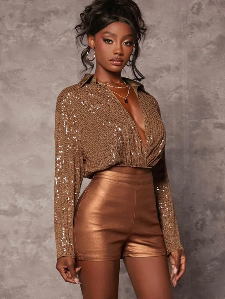 Plunging Collar Sequin Wrap Blouse